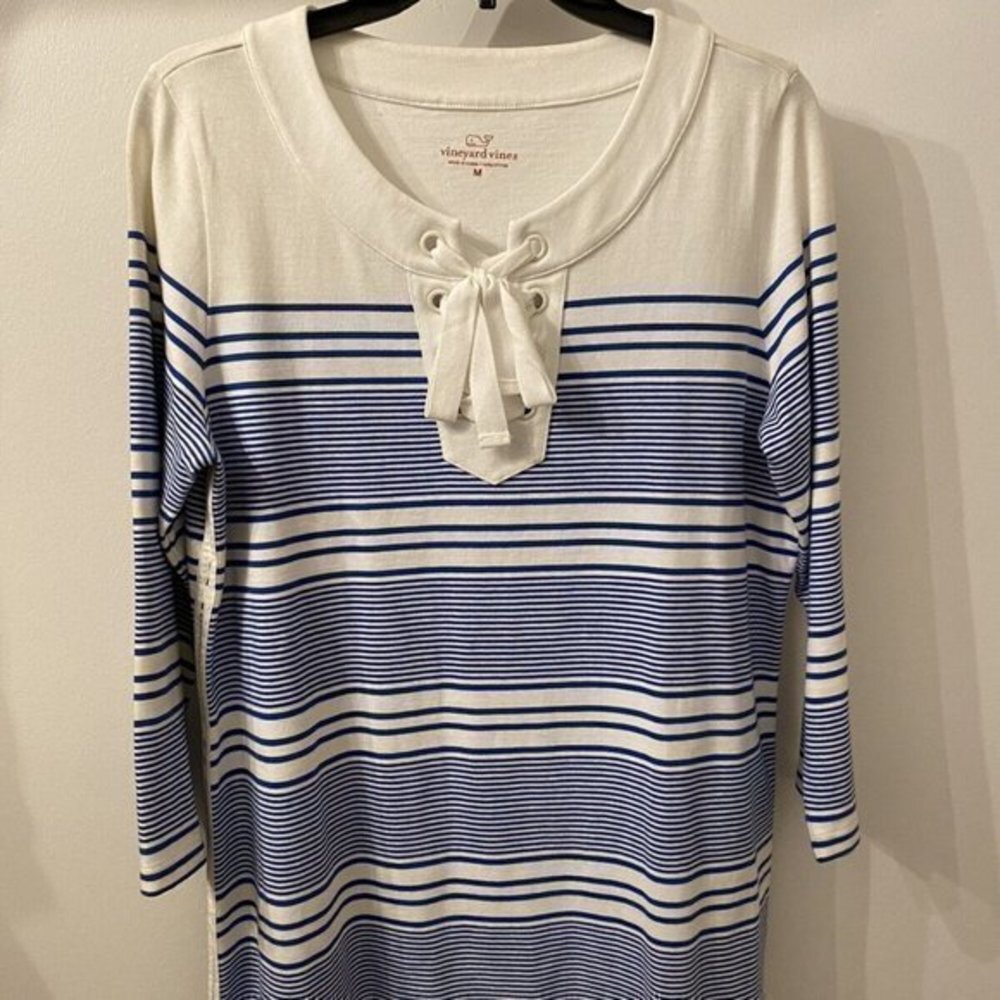 VINEYARD VINES WOMEN'S Medium Front Tie Dress w/Long Sleeves Yacht Stripes Blue